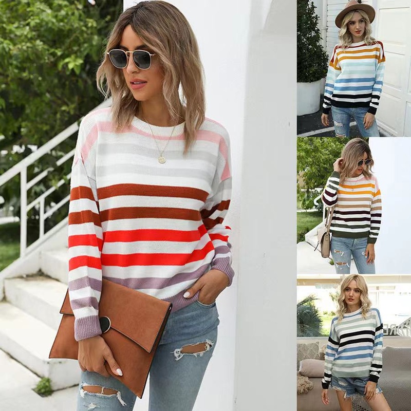 Autumn Winter Fashion Striped Design Knitted Sweater Women 2021 New Casual O-Neck Full Sleeve Pullovers Casual Tops Oversize Pullovers – Winter Sweater price|S