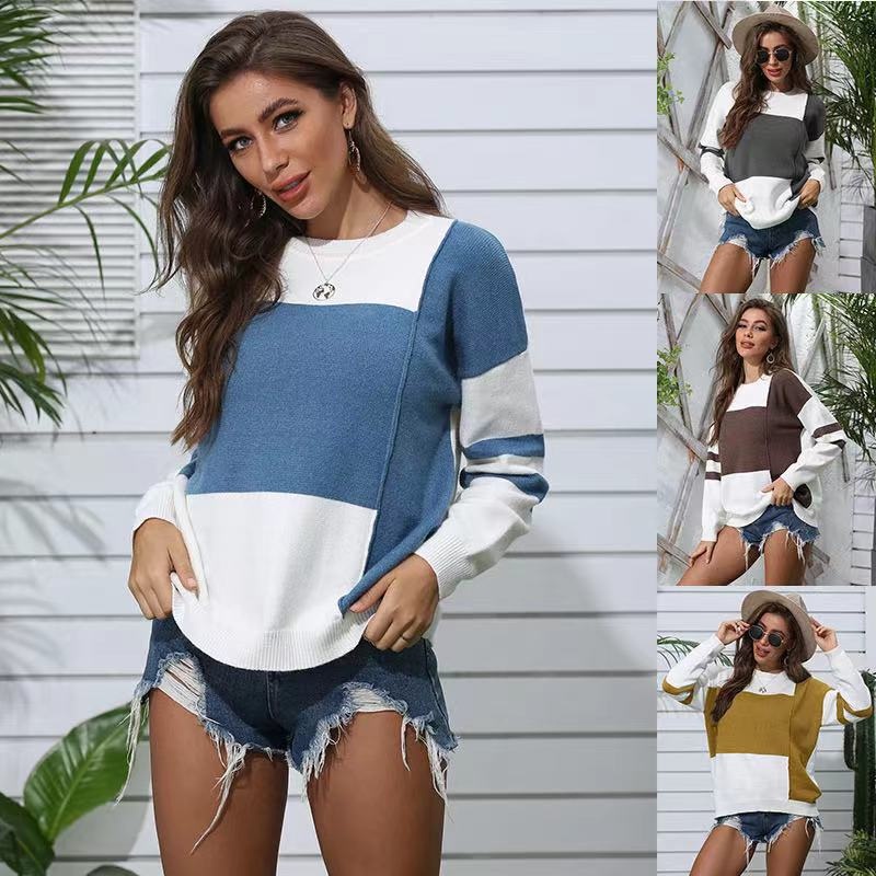 Autumn Winter New Sweater Women S Contrast Color Splicing Round Neck Pullover Sweater – Winter Sweater price|S
