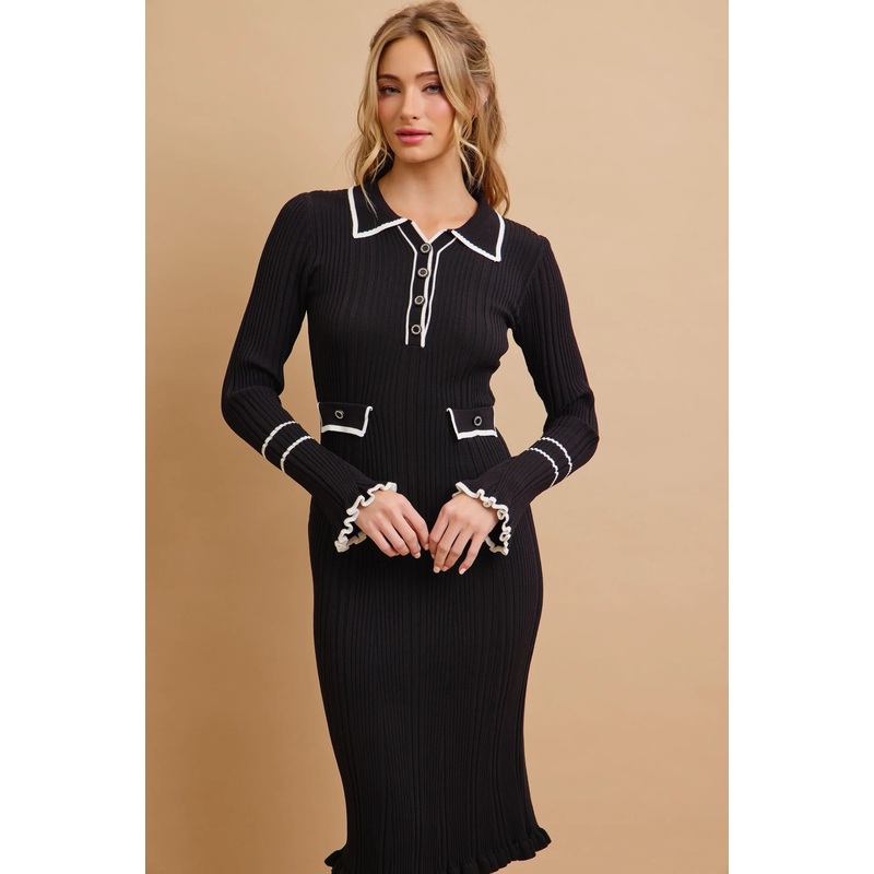 Custom Chic & Flair Rib Knit Long Sleeve Polo Collar MIDI Dress with Contrast Stripes Knit Dress – Stripes Knit Dress and Long Sleeve Polo Collar MIDI Dress price