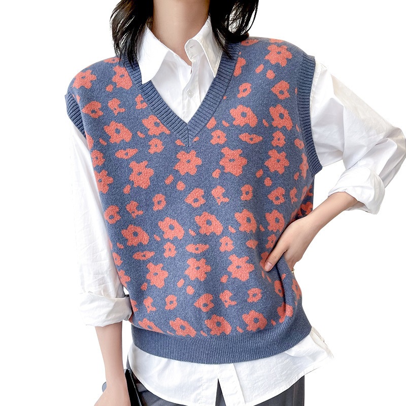 Customized Sweater 2024 Spring New V-Neck Loose and Slimming Jacquard Wool Knitted Shirt Temperament Commuter Womens Sweater – Womens Sleeveless Knitted Vest Sweater and Cropped Belly-Baring Vest Sweater price|S/M/L/XL