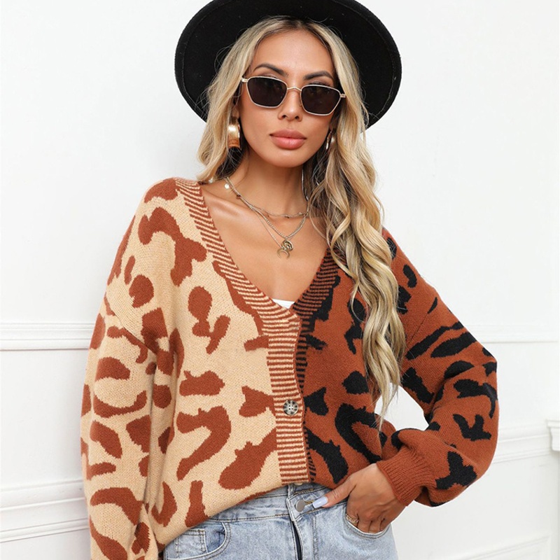Customized Womens Sweater Autumn and Winter New Printed Knitted Pullover Round Neck Single-Breasted Street Stitching Leopard Print Knitted Cardigan Sweater – Leopard Jacquard Cardigan Sweater and Womens Cardigan Sweater price|S/M/L/XL
