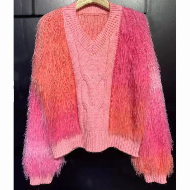 DIP Dye Fluzzy Mohair Colorful Style V Neck Long Sleeved Buttons up Knitted Pullover Sweater Women – Ladies Jumper and Pullover Sweater price|S