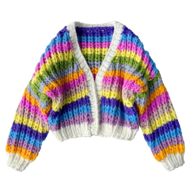 Hand Knitting Sweater with Coarse Needle Texture and Contrasting Color Rainbow Stripe Sweater – Hand Knitting Sweater and Hand-Knit Garment price|M