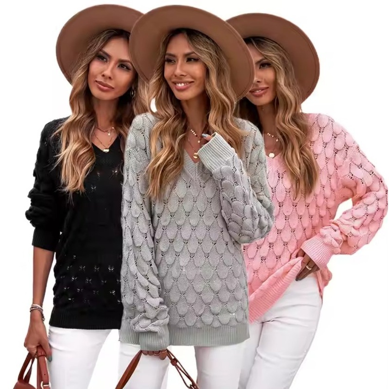 Knitted Sweater Plain Casual Hollow out Tops Womens Sweaters V-Neck – Plain Casua Sweater Women and Hollow out Women Knitted price|Free Size