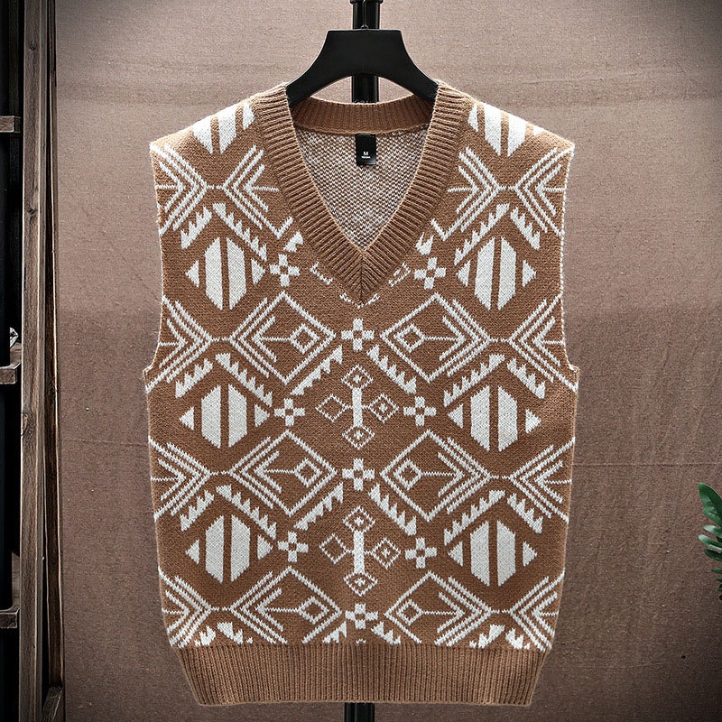 Mens Knitted V-Neck Vest, Trendy Sleeveless Sweater, Horse Jacket, Fashionable Outerwear Sweater Vest – Mens Retro Plaid Vest Sweater and Geometric Jacquard Vest Sweater price|S/M/L/XL