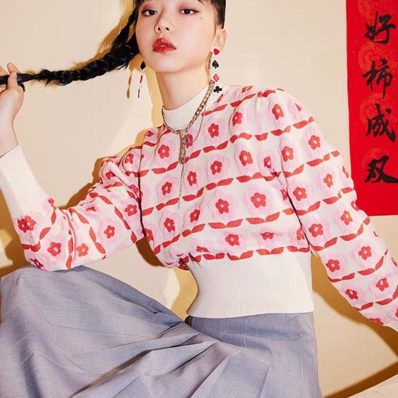 New Jacquard Round Collar Flower Sweater Sweater Women – Jacquard Weave price|S