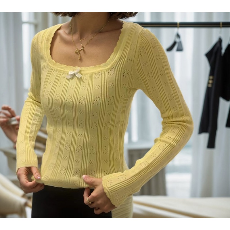Spring and Summer Girls Pure Yellow Lace Square Neck Micro Hollow Vertical Stripe Pattern Bow Tie Long Sleeve Thin Knitted Sweater – Spring and Summer and Girls price|Small, Medium, and Large Sizes