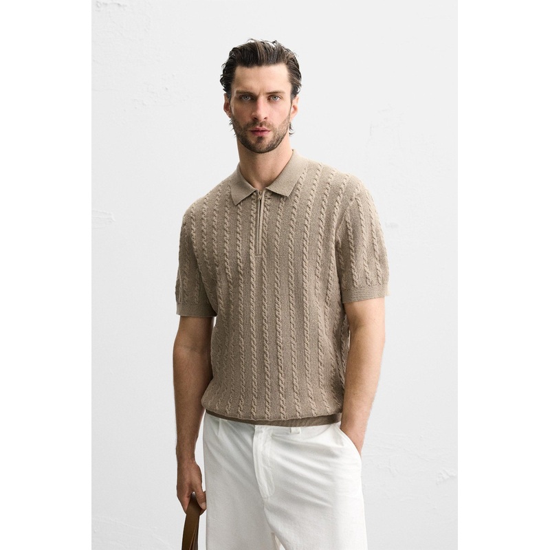 Summer Lapel Collar Cable Knit Polo Shirt for Mens Knitted Sweater Short-Sleeved Polo T-Shirt – Men Cable Knit Polo Shirt and Mens Knitted Sweater price|L