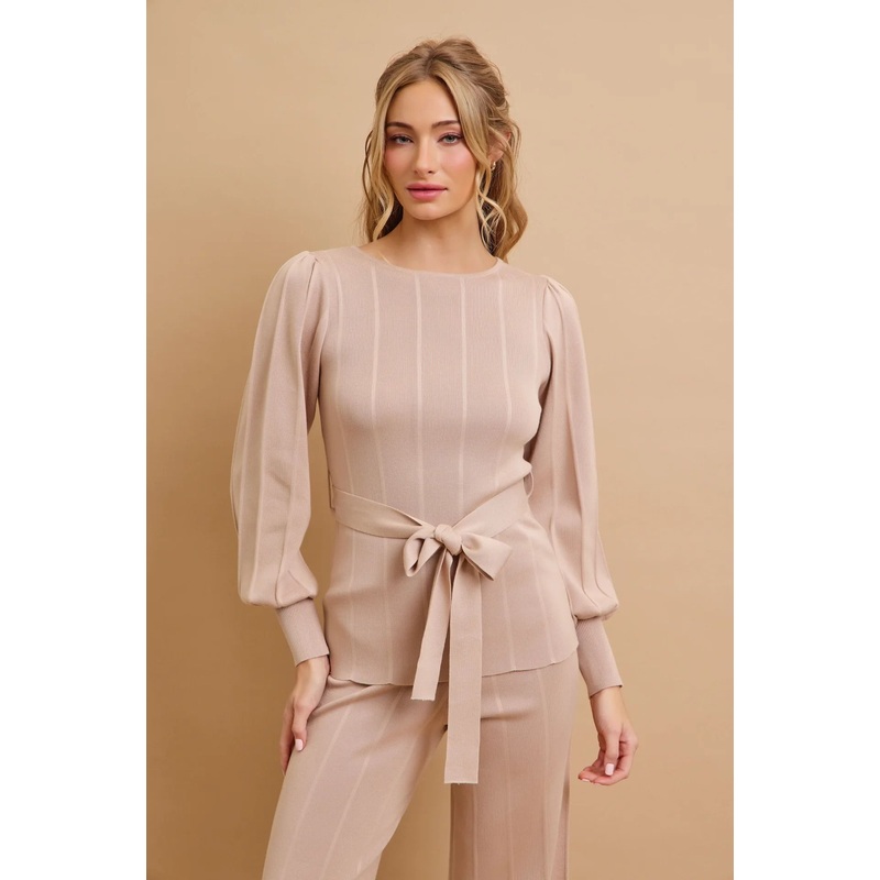 Women Wide Rib Knit Long Sleeve Top with Waist Tie and Pants Set – Plus Size Womens Sweaters and Womens Knitted Sets price