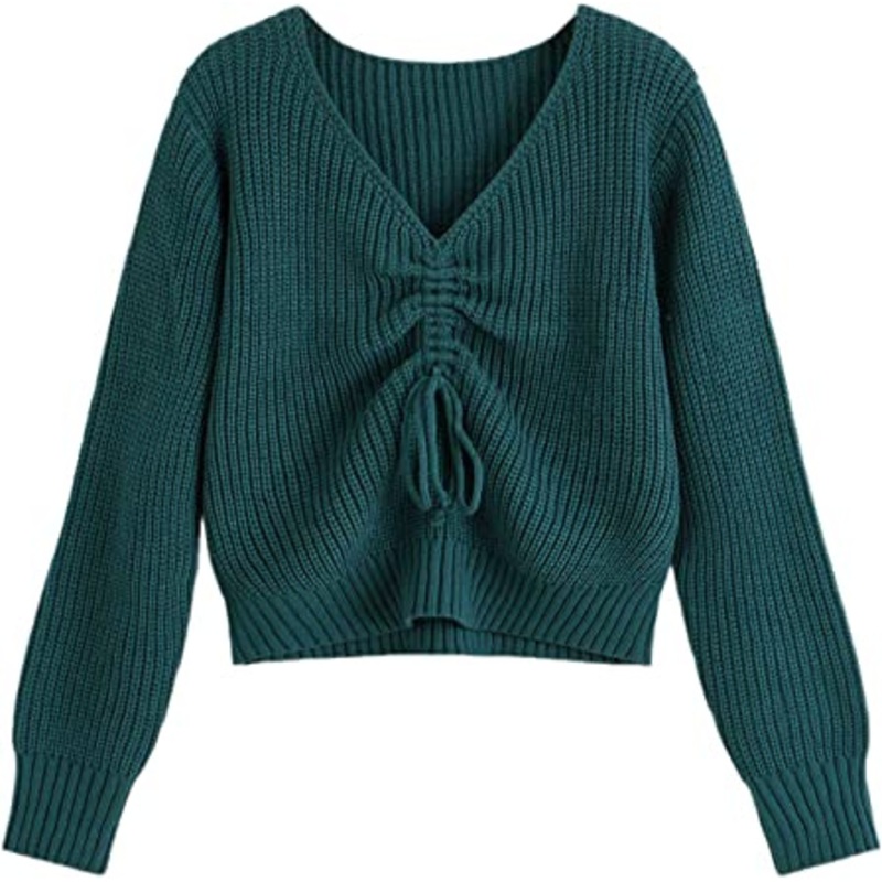 Womens Drawstring Casual V Neck Pullover Sweater Crop Top – V Neck Pullover Sweater price|S