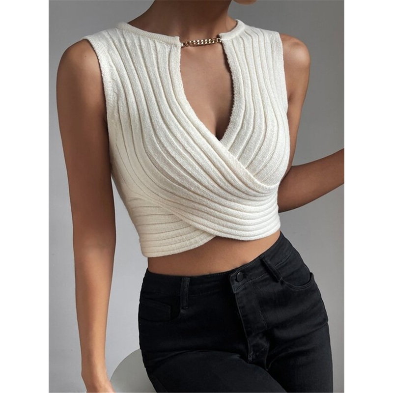2024 New Knitted Bottom Shirt with V-Neck Tight Top Short Sleeve High Waist Womens Short Chain – Womens Sleeveless Knitted Vest Sweater and Cropped Belly-Baring Vest Sweater price|S/M/L/XL