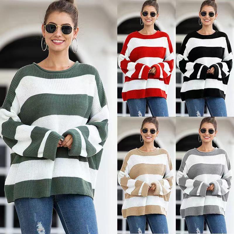 Autumn Winter Fashion Loose Striped Knitted Sweater Women 2021 New Casual O-Neck Full Sleeve Pullovers Casual Tops Oversize Pullovers – Winter Sweater price|S