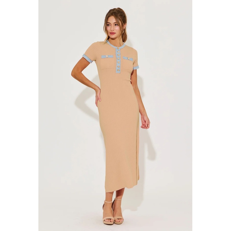 Custom Women Button up Polo Neck Maven Knit MIDI Dress with Denim Details – Knit Denim Maxi Dress and Casual Knit Maxi Dresses Denim Collar price
