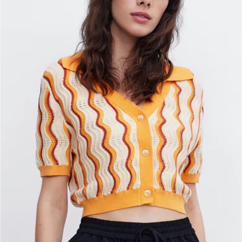 Customization Womens Knitwear V Neck Loose Solid Sandwich Color Spring Summer T-Shirts Short Sleeve Knitted Cardigan Sweater – Cardigan Sweater Women and Sandwich Color Women Knitted price|Free Size