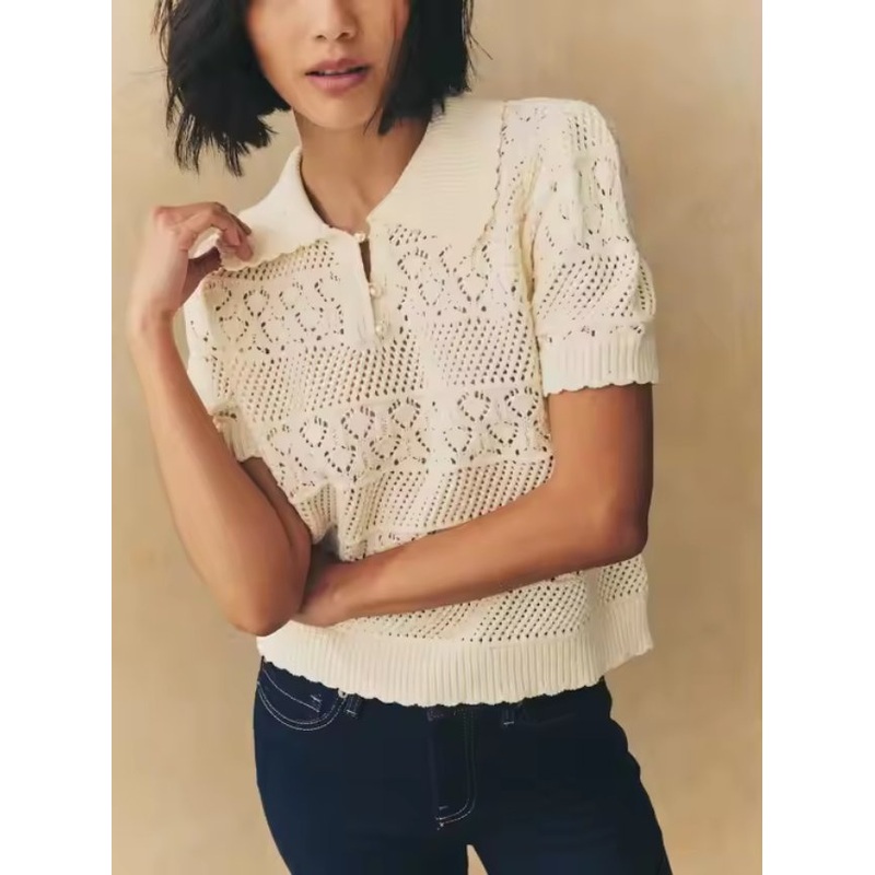 Customized Casual Fashion Short Sleeve Knit Sweater Womens Knit Hollow out Top – Women Knittedshort Sleeve and Hollow out Knitted Women price|M