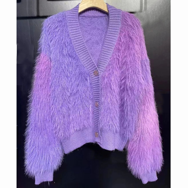 DIP Dye Fluzzy Mohair Colorful Style V Neck Long Sleeved Buttons up Knitted Cardigan Sweater Women – Mohair Sweater and Sweater Cardigan price|S