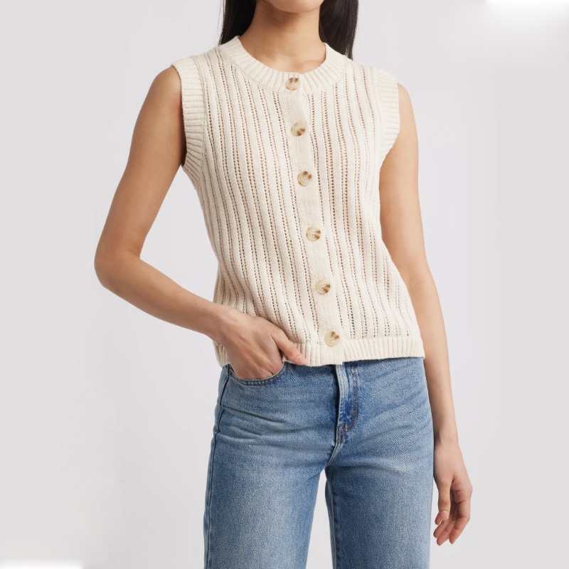 Flat Knitted Hollow out Stitch Cotton Button-up Sweater Vest Women – Knitted Vest Women Sweater and Round Neck Women Sweater price|Free Size