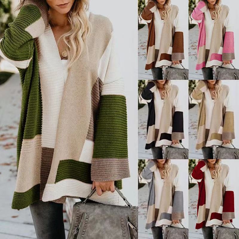 Women Color Matching Cardigans Long Sleeve Loose MID Length Knittwear Casual Sweaters Cardigan Female Knitted Coat Cardigan Tops – Winter Sweater Cardigan price|S