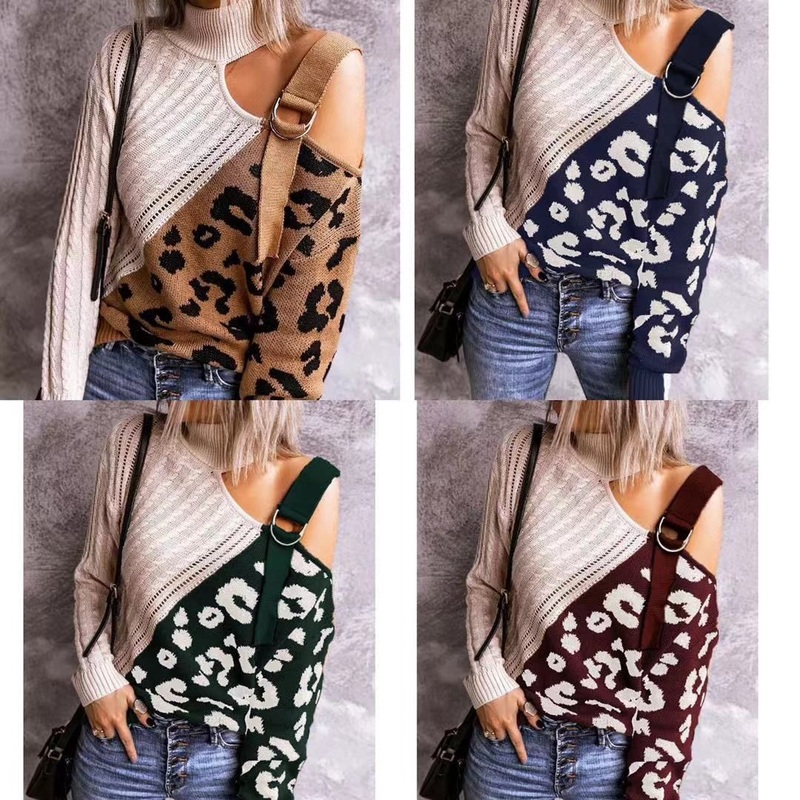 Women Leopard Turtleneck Sexy off Shoulder Knitted Sweaters 2021 Spring Long Sleeve Ribbed Pullover Oversized Jumper Plus Size – Winter Sweater price|S