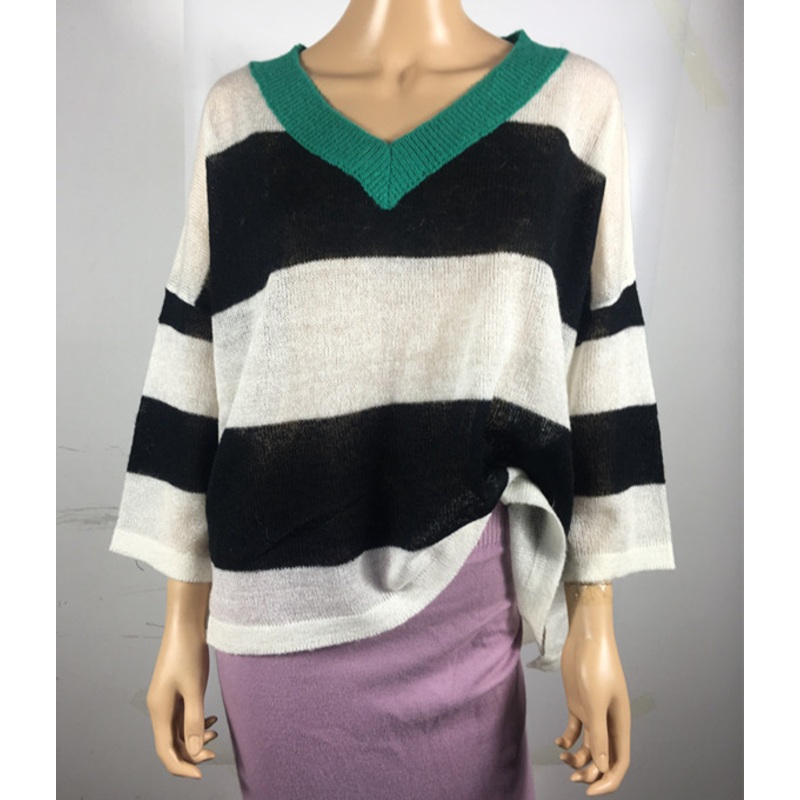 2018 New Style Womens V-Neck Mohair Sweater with Stripe Pattern – V-Neck Sweater and Mohair Sweater price|S