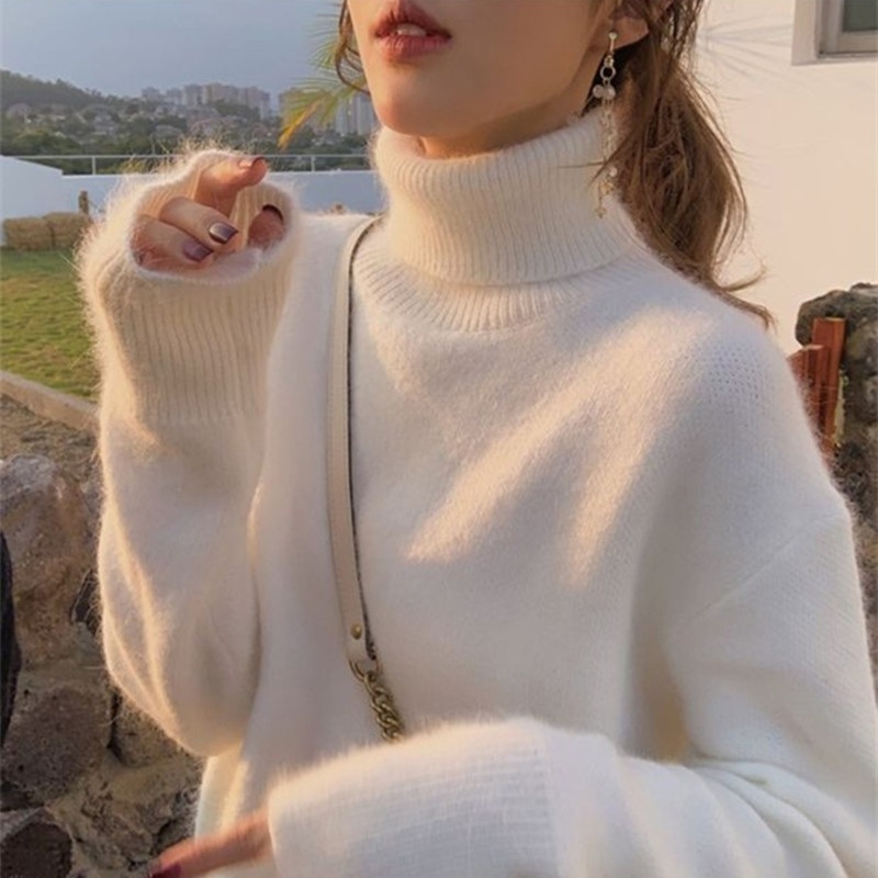 2022 New Winter 100% Mink Cashmere Turtleneck Sweater Womens Loose Big Size White Fluffy – Mink Cashmere price|S