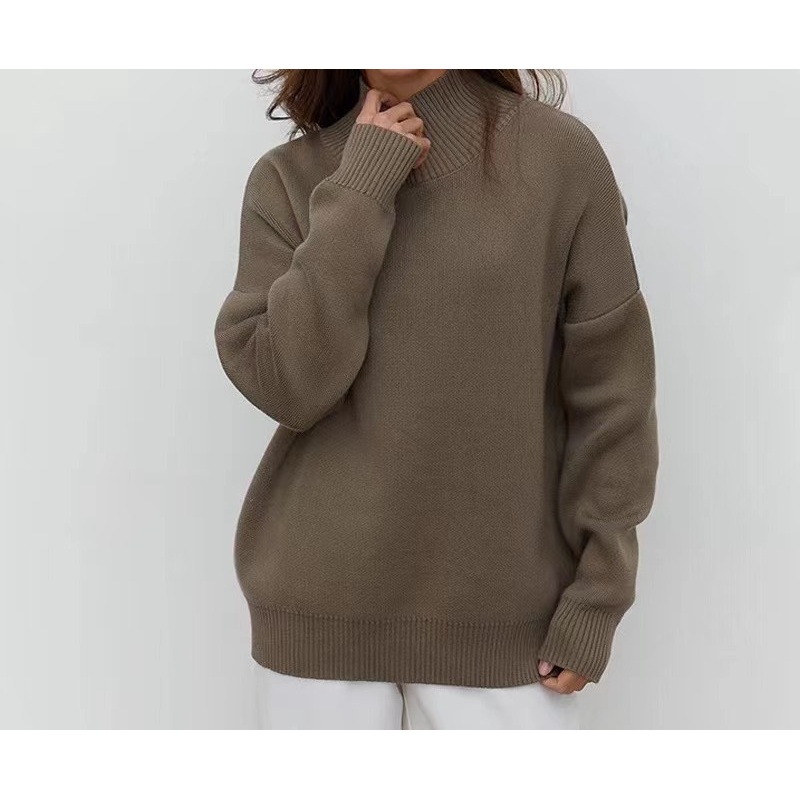 2022 Winter Custom Logo 100% Cotton Ladies Loose Casual Long Sleeve High Neck Pullover Knit Turtleneck Women Sweater – Women Sweater price|S