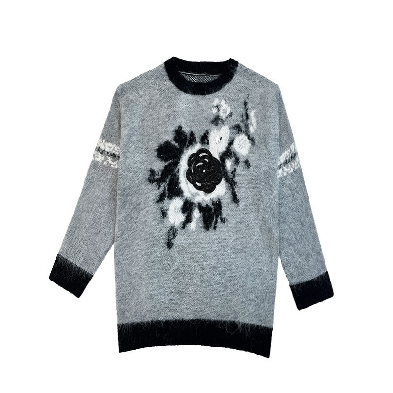 Beaded Mohair Floral Jacquard Long Sleeves Women Sweater Fluffy Soft Women Knit Pullover Sweaters – Beading Sweater and Women Sweater price|S