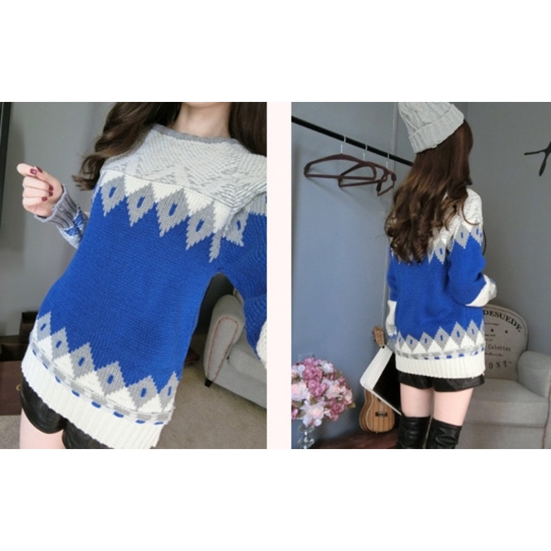 Geometric Pattern Pullover 2015 Winter Models Thick Loose Long Sweater (BTQ104) – Knitted Sweater and Women Sweater price|S