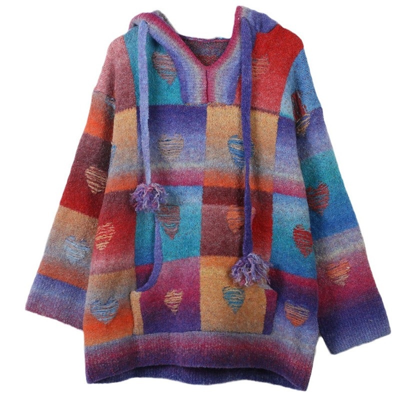 Hoodie Heart Jacquard Loose Fit Women Knitted Pullover Ladies Jumper with Kangaroo Pocket – Ladies Jumper and Pullover Sweater price|L