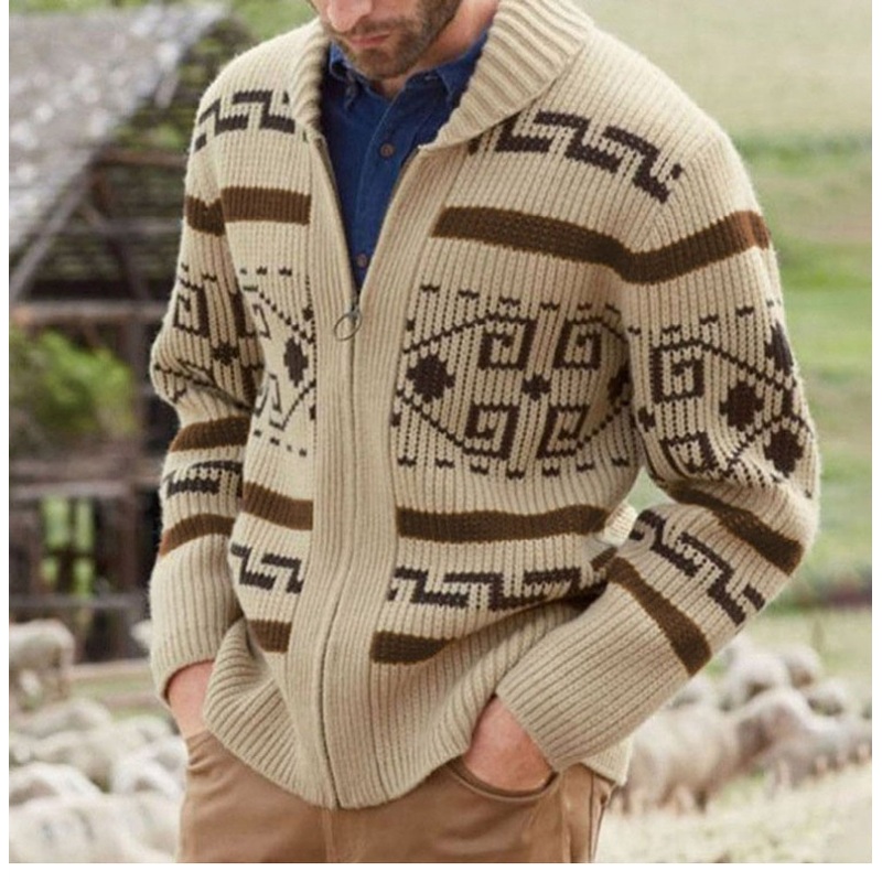 Mens Zip up Cardigan Sweater Men Shawl Lapel Knitted Cardigans Jacquard Vintage Jackets Coats – Knitted Shawl Cardigan for Men and Winter Mens Sweaters price|S, S M L XL XXL Custom Accepted