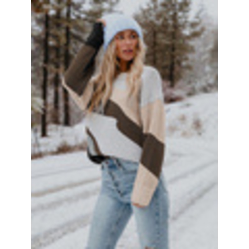 OEM/ODM Pullovers for Women Brown Color Block Jewel Neck Long Sleeves Acrylic Sweaters Long Sleeve Knit Pullover Crew Patchwork Casual Loose Jumper Tops Hoodies – Custom Knit Sweater and Knit Wear price|S