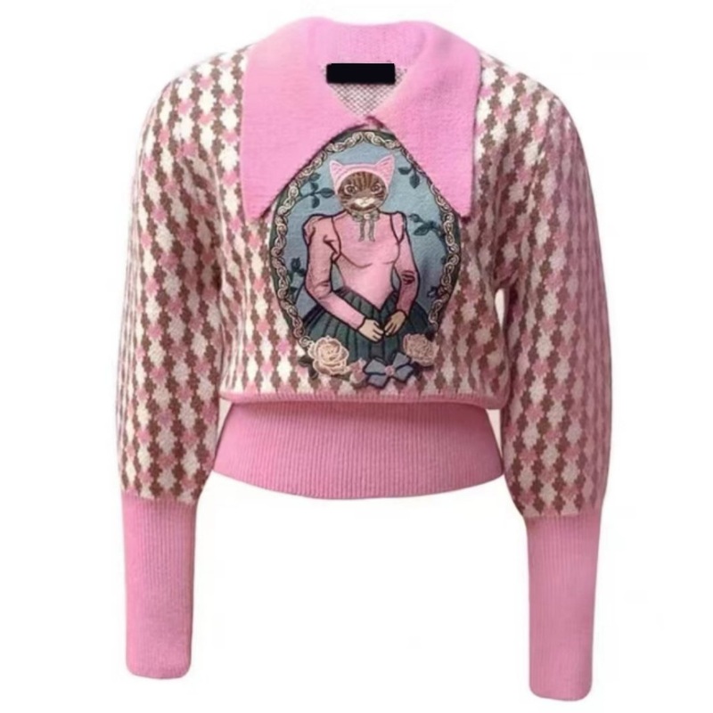 Trend French Style Peter Pan Collar Jacquard and Embroidery Checkerboard Pullover Knitwear Sweater Woman – Women Sweater and Jacquard Sweater price|S