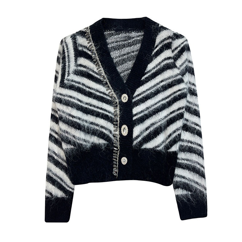 Women Cardigans Trendy Mohair Striped V Neck Knitwear Beading Ladies Knitted Sweater – Beading Sweater and Mohair Sweater price|S