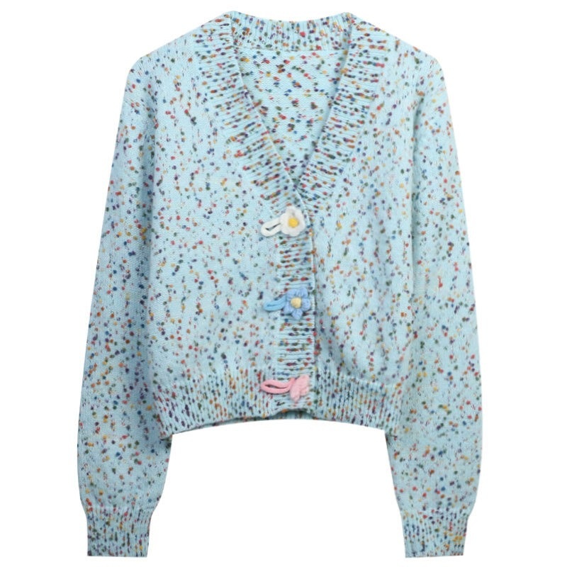 Contrast Color Pompon Yarn Crochet Buttons V Neck Winter Knitted Cardigan Knitwear Womens Sweater – Mohair Sweater and Sweater Cardigan price|S