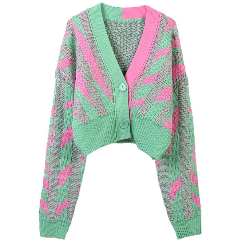 Fashion Contrast Stripes Drop Shoulder V Neck Buttons up Knitted Cardigan Women Sweater Mujer – Mohair Sweater and Sweater Cardigan price|S