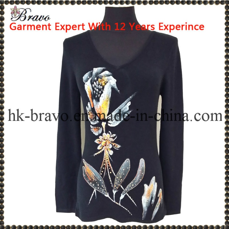 Fashion Ladies Round Neck Long Sleeve Knitted Printing Sweater with Stone (BR081) – Clothing and Fashion price|S, S, M, L, Xl, Xxl