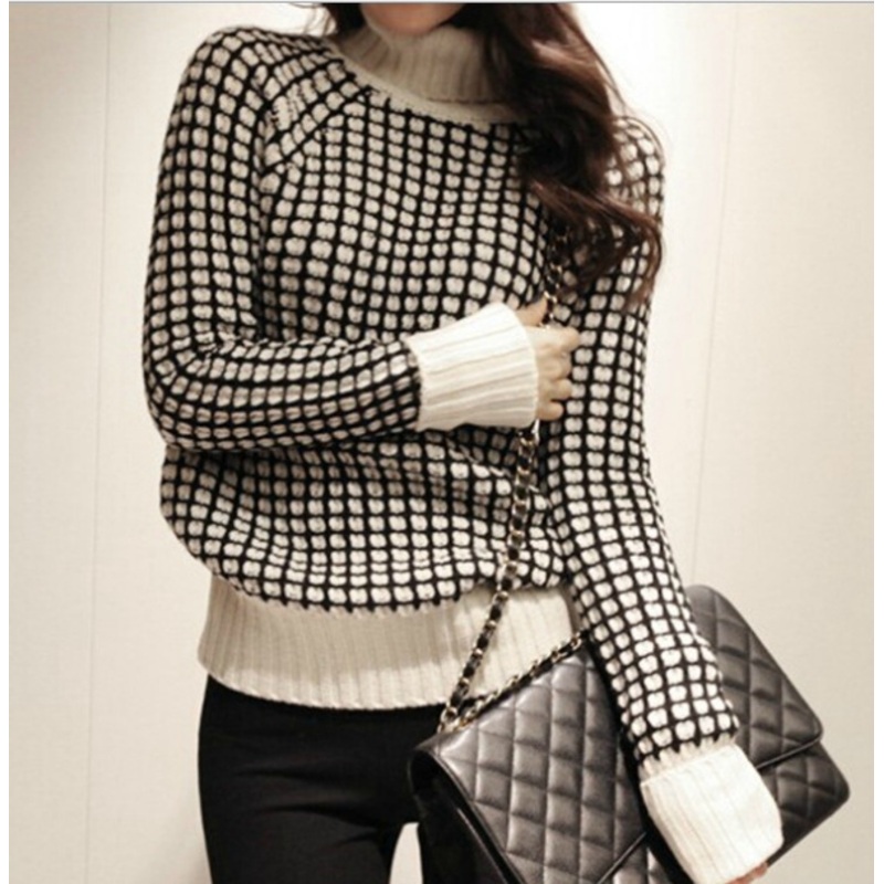 High-Necked Black and White Plaid Thickening Loose Pullover Sweater (BTQ081) – Knitted Sweater and Women Sweater price|S