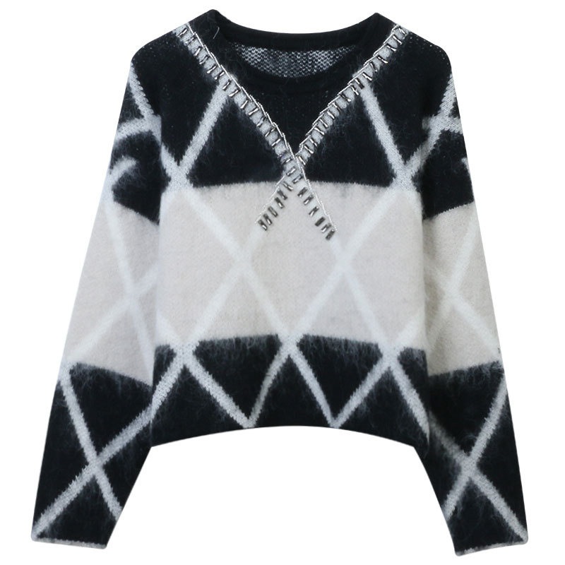 Hot Sale Mohair Knitwear Pullover Bead Decoration Argyle Pattern Knitted Pullover Sweater for Women – Mohair Sweater and Ladies Sweater price|S