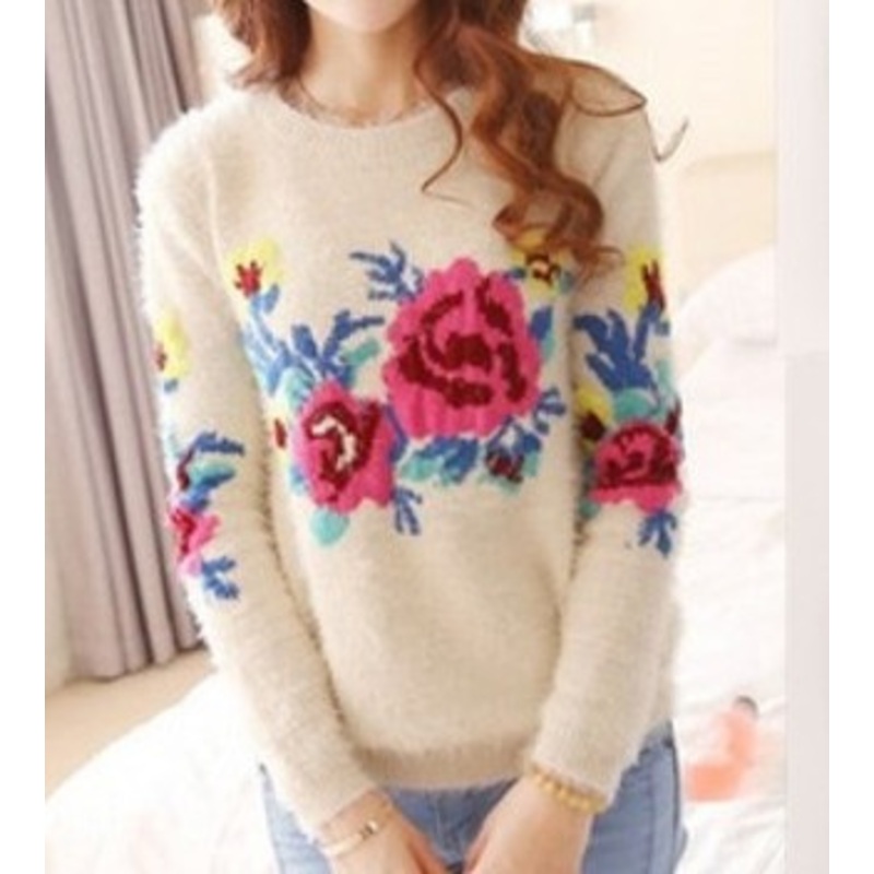 Jacquard Rose Loose Swearter (BTQ019) – Knitted Sweater and Women Sweater price|S