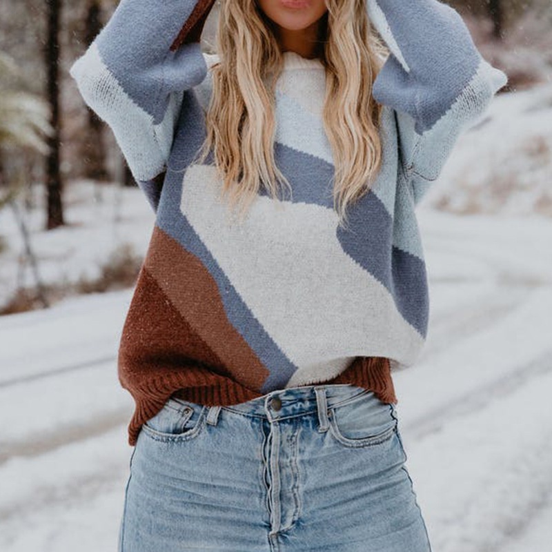 OEM/ODM Pullovers for Women Blue Color Block Jewel Neck Long Sleeves Acrylic Sweaters Sweater Sleeve Knit Pullover Crew Patchwork Casual Loose Jumper Tops – Custom Knit Sweater and Knit Wear price|S