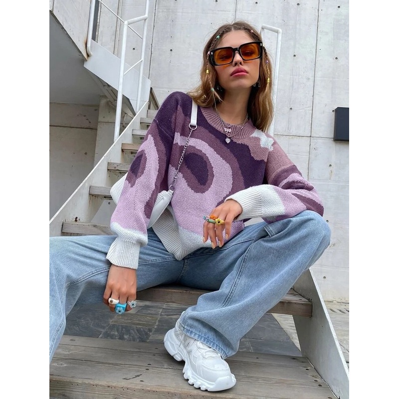 OEM/ODM Pullovers for Women Khaki Color Purple Jewel Neck Long Sleeves Acrylic Sweater Long Sleeve Knit Pullover Crew Patchwork Casual Loose Jumper Tops Hoodies – Custom Knit Sweater and Knit Wear price|S