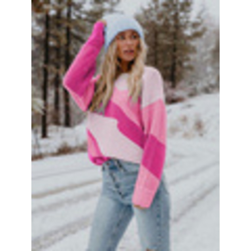 OEM/ODM Pullovers for Women Pink Color Block Jewel Neck Long Sleeves Acrylic Sweaters Sweater Sleeve Knit Pullover Crew Patchwork Casual Loose Jumper Tops – Custom Knit Sweater and Knit Wear price|S