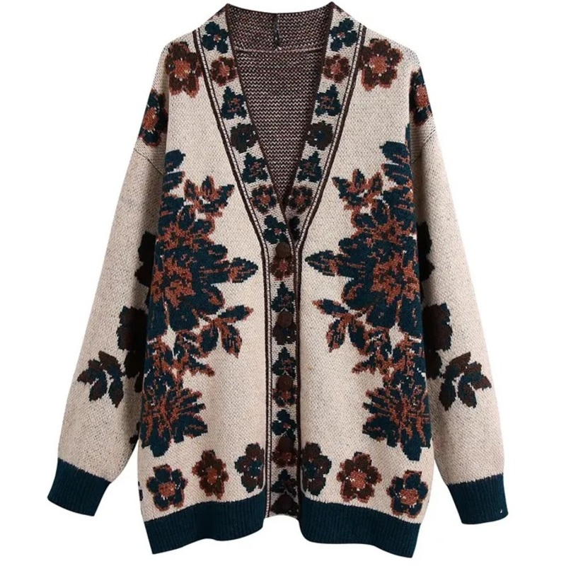 V-Neck Long Sleeve Floral Pattern Knitted Cardigan Elegance Women Sweater Top – Sweater and Top price|S