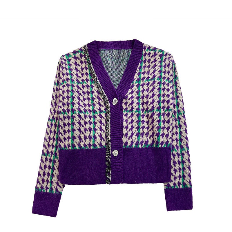 Wholesale Women V Neck Buttons up Knitted Cardigan Houndstooth Knitting Pattern Sweater with Beading – Beading Sweater and Women Sweater price|S