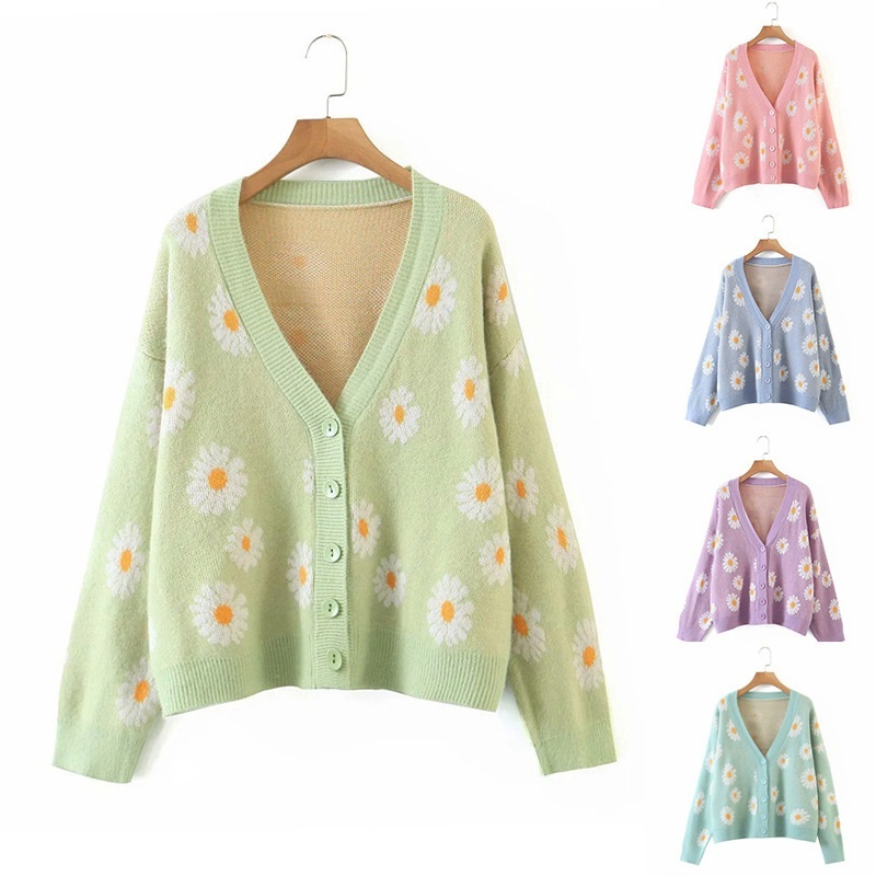 Women Floral Print Knit Cardigan Sweater Long Sleeve V Neck Button Down Sweater Outerwear Tops – Womens Sweaters and Cardigans price|S