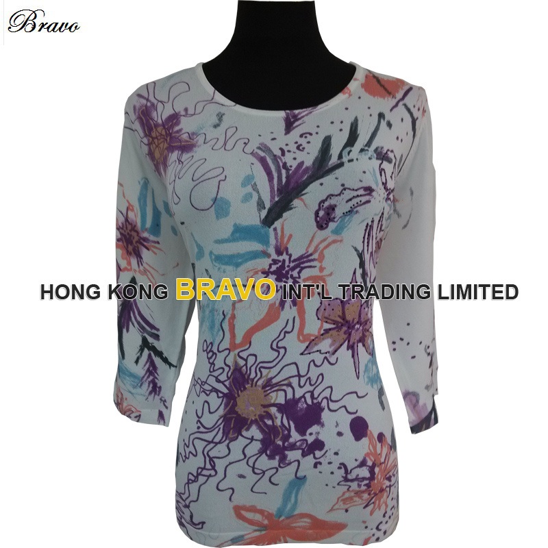 2015 Summer Top Fashion Printing Ladies Round Neck Three Quarter Sleeve Knitted Pullover Sweater (3704J) – Sweater and Pullover price|S, S, M, L, Xl, Xxl