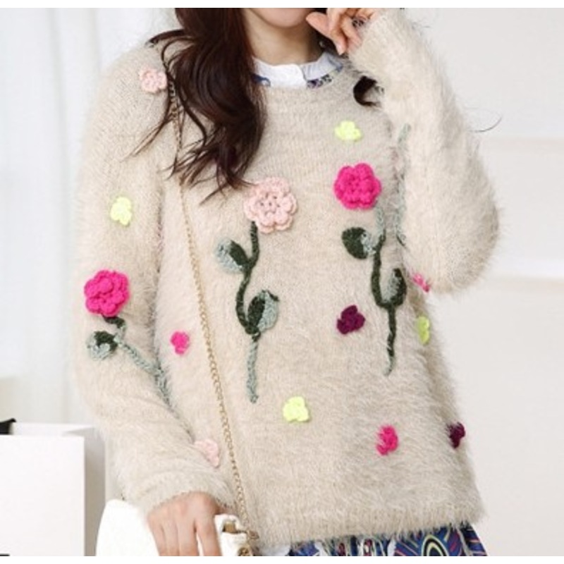 Appliques Flower Mohair Sweater (BTQ011) – Knitted Sweater and Women Sweater price|S