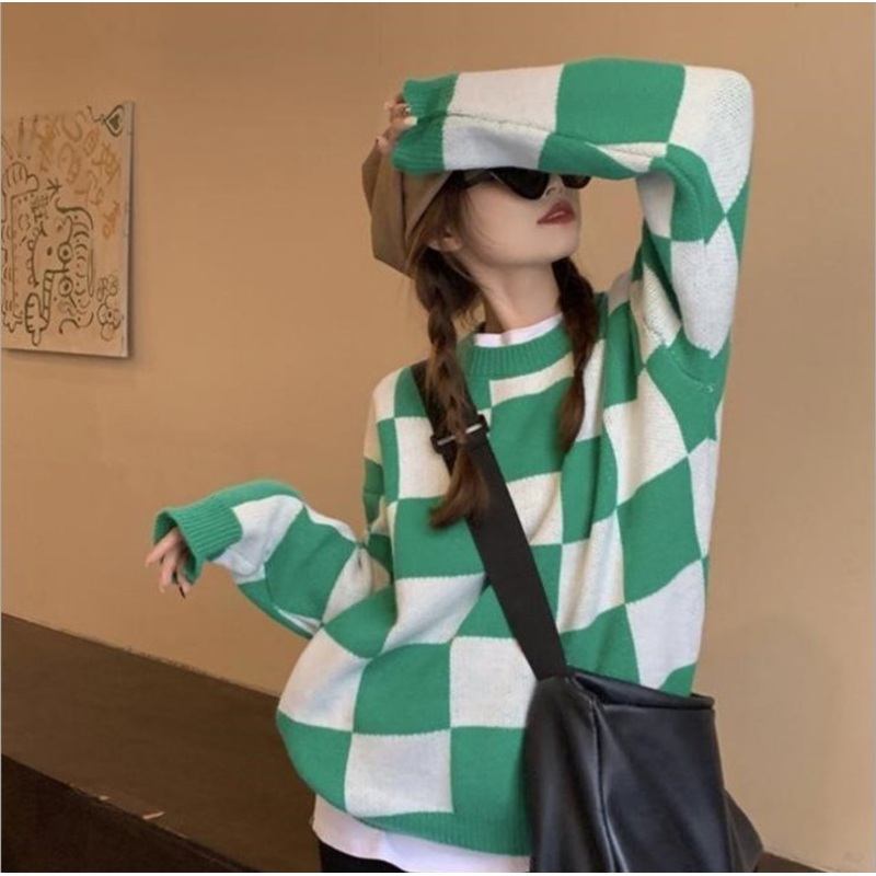 Autumn Checkerboard Pattern Contrast Color Crewneck Long Sleeve Loose Knitted Sweater Coat Jumper for Women – Pullover and Knitwear price|S
