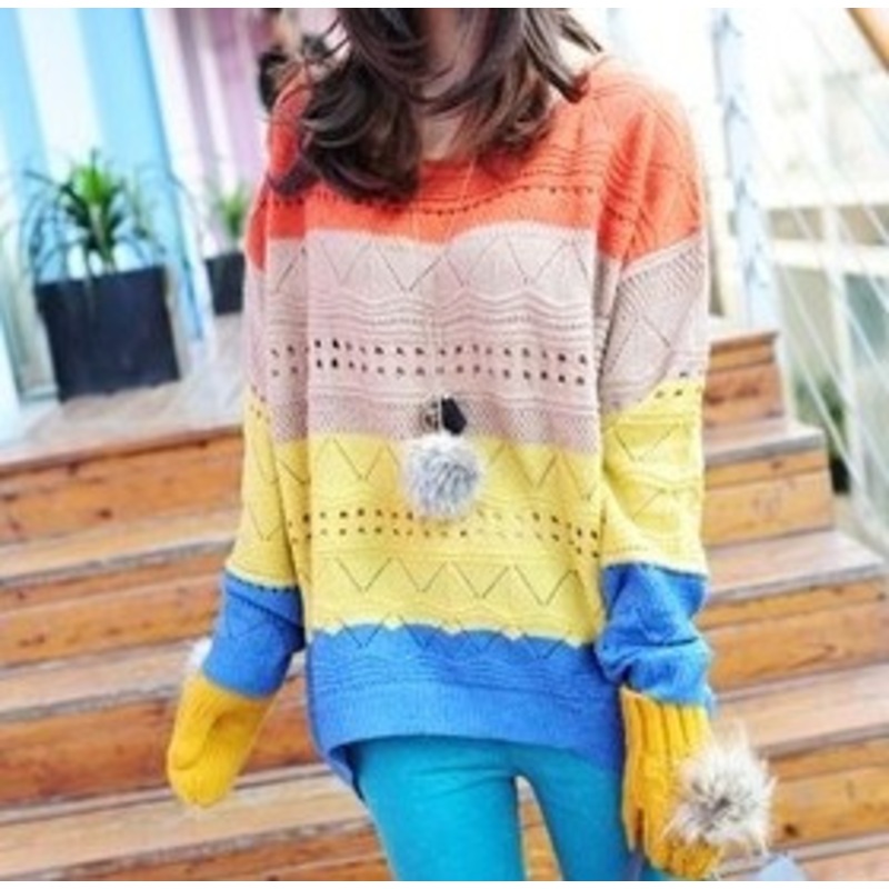 Color Stripe Neck Pullover (BTQ057) – Knitted Sweater and Women Sweater price|S
