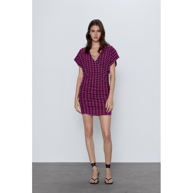Houndstooth Short Sleeve Dress with Crossover V-Neckline and Elasticated Draped – Dress and Clothes price|S